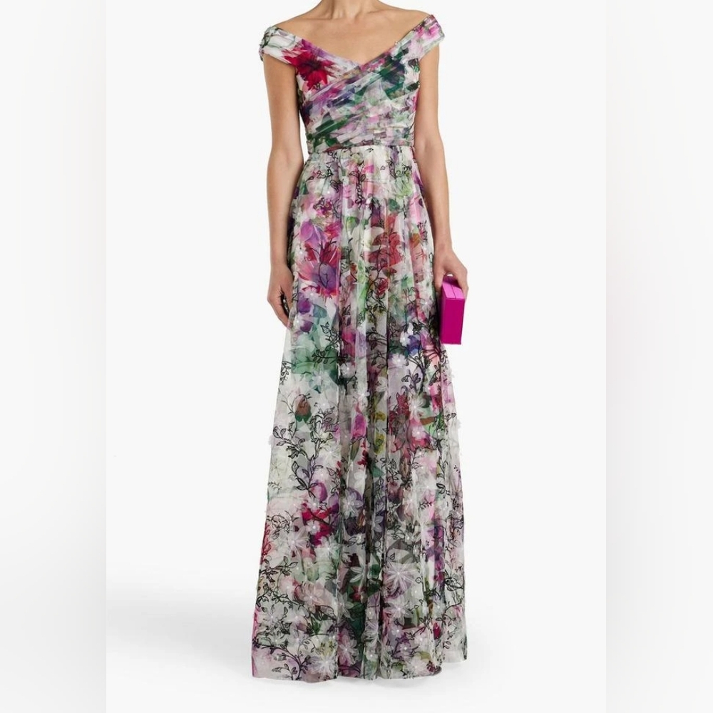 MARCHESA Off-the-shoulder pintucked floral-print tulle gown